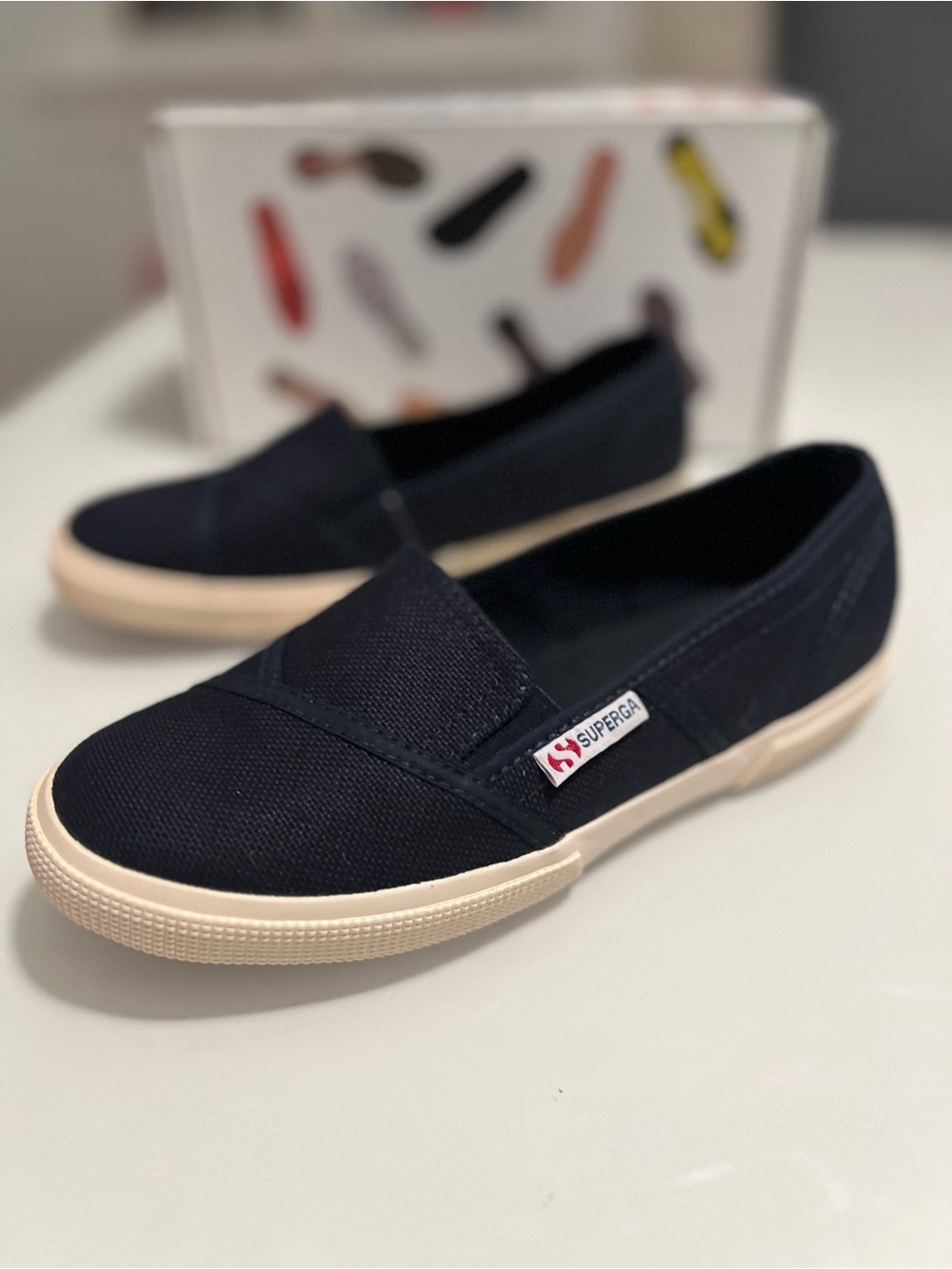 Superga Navy Canvas Slip-On Flats with Cream Rubber Sole